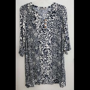 Soft Surroundings Shift Dress Size 1X Blue Rayon Boho Coastal 3/4 Sleeves Knee L